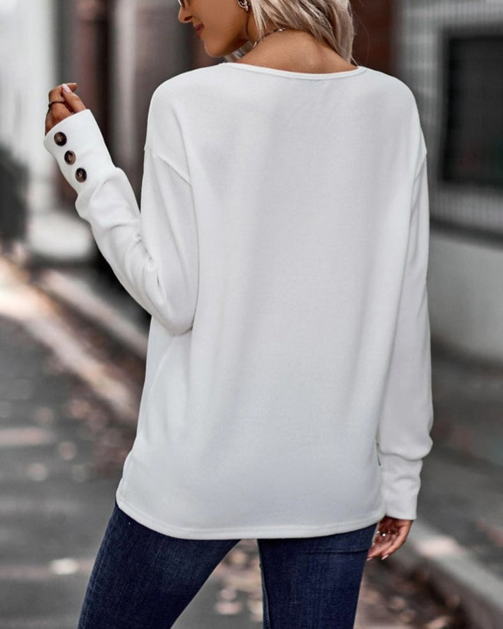 Lune London | Solid Long Sleeve Top with Button and V Neck