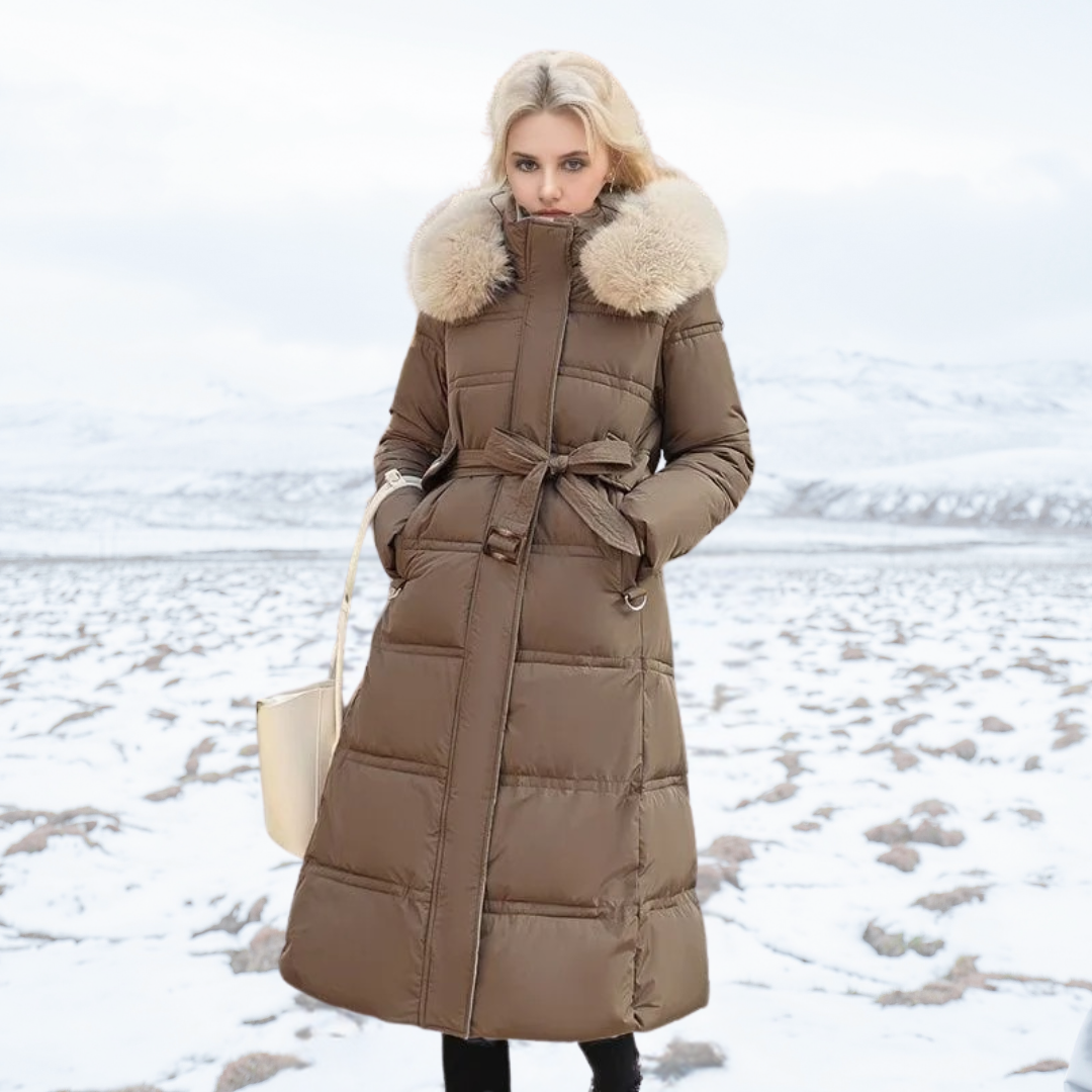 Lune London | Long Winter Jacket Puffer Design Faux Fur Hood Tailored Belt Warm and Insulating