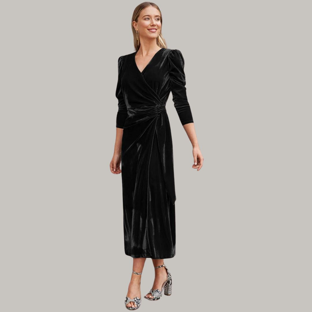 Lune London | Midi wrap dress in velvet with puff sleeves