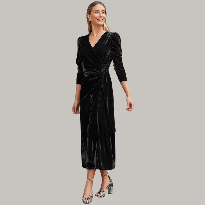 Lune London | Midi wrap dress in velvet with puff sleeves