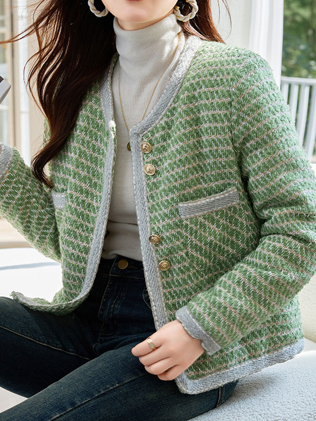 Lune London | Classic Crew Neck Yarn Button Tweed Jacket