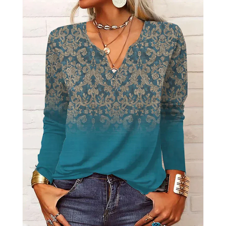 Lune London | Style V Neck Blouse with Long Sleeves - Colorful Floral Pattern Design for Women