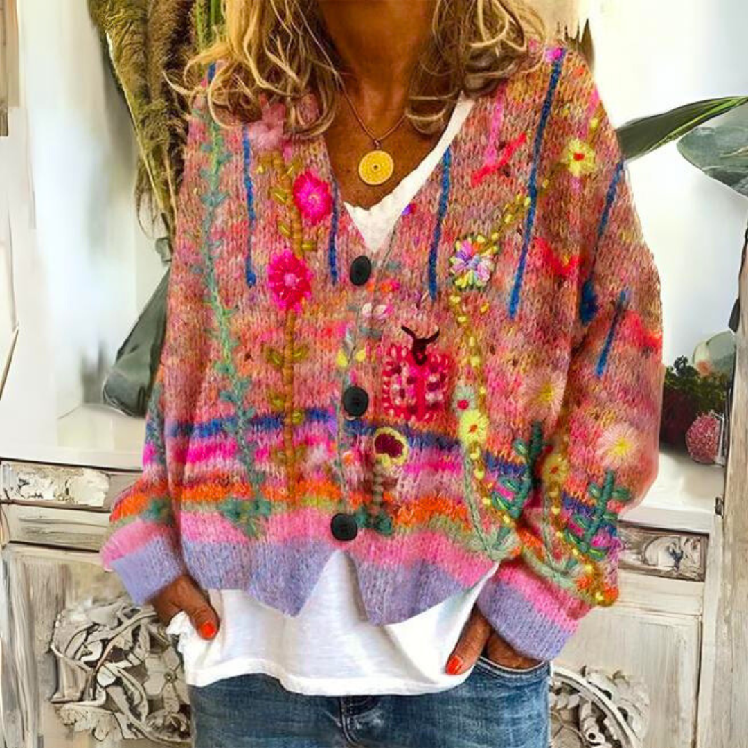 Lune London | Boho style knit jacket with floral accents - Comfortable and trendy cardigan for leisure and everyday use