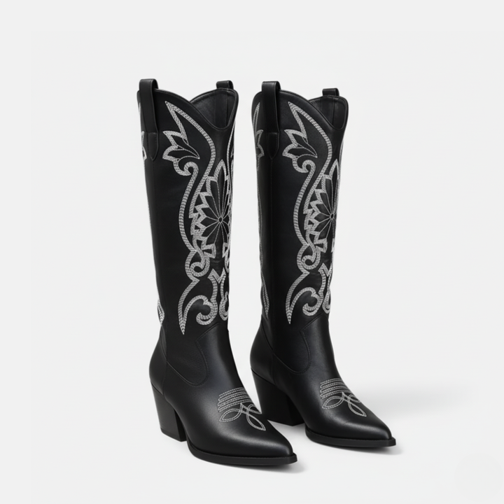 Lune London | Boots - Synthetic Leather - Knee Length - Embroidered Western - Block Heel