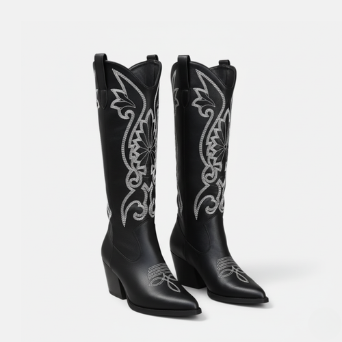 Lune London | Boots - Synthetic Leather - Knee Length - Embroidered Western - Block Heel