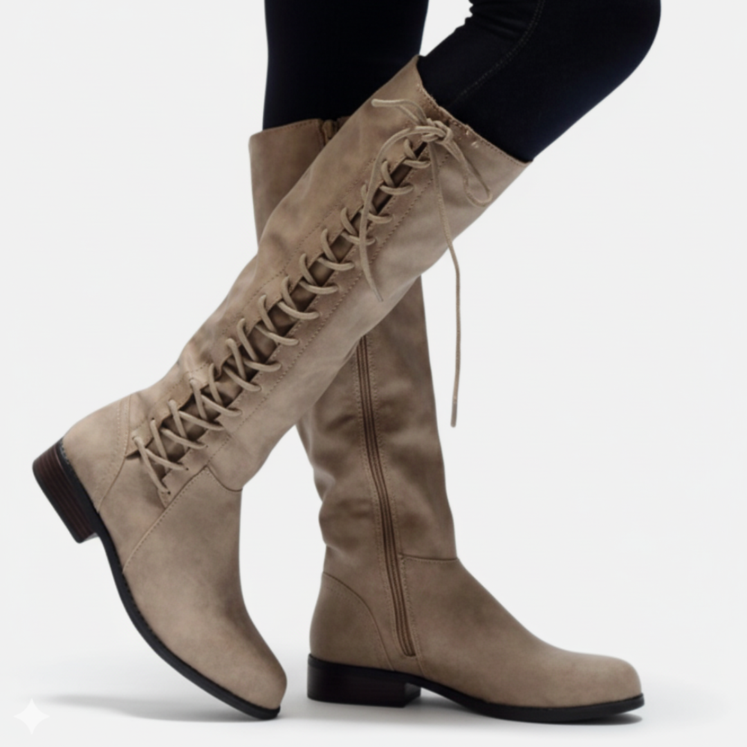 Lune London | Knee-high Boots - Faux Leather - Cross Lacing - Side Zipper - Block Heel
