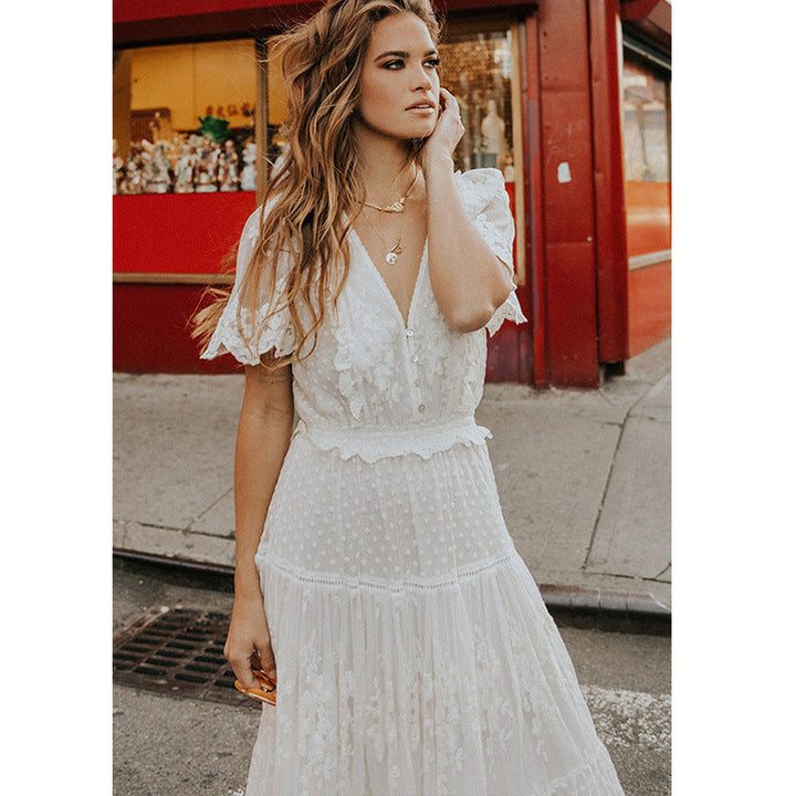 Lune London | Chiffon Lace Short Sleeve Boho V-Neck Maxi Dress