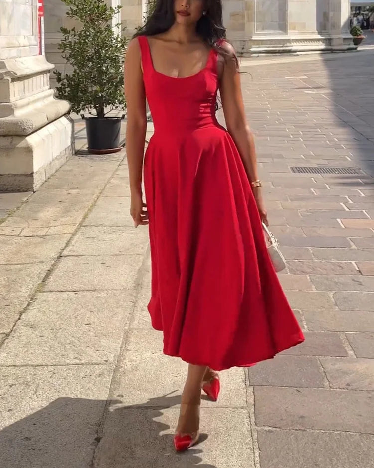 Lune London | Red Fitted Midi Dress with Straps