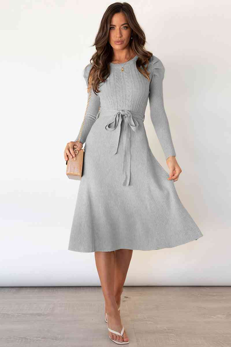 Lune London | Round Neck Long Sleeve Knot Waist Sweater Dress