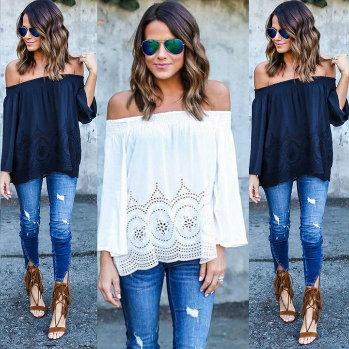 Blouse femme à épaules dénudées avec manches volumineuses et motif de crochet délicat Chic & Stil