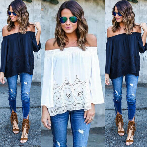 Blouse femme à épaules dénudées avec manches volumineuses et motif de crochet délicat Chic & Stil