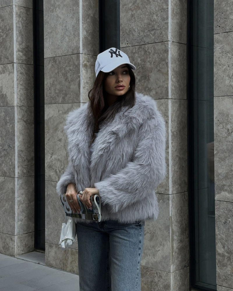 Women’s Faux Fur Jacket with Foldable Collar & Long Sleeves | Lune London