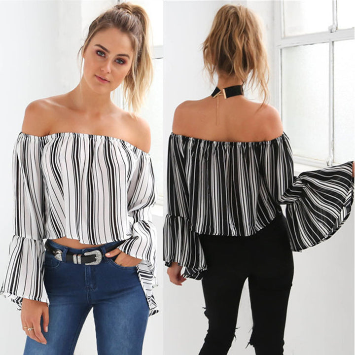 Blouse femme à épaules dénudées avec manches volumineuses et design rayé Chic & Stil