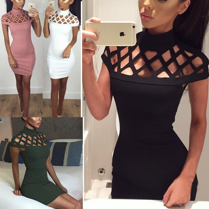 Ladies Figure-Hugging Mini Dress with Artistic Cut-Out Design and High Collar Lune London