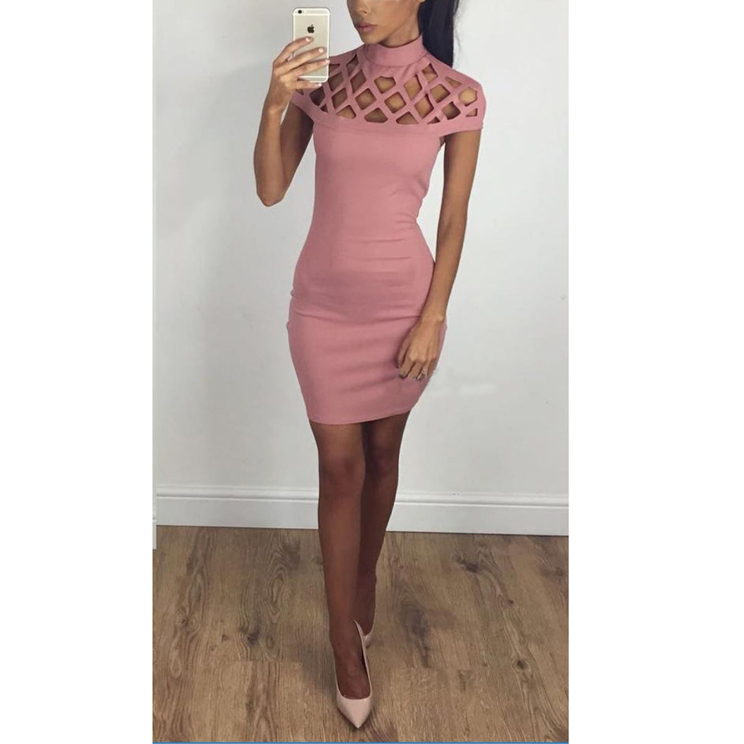 Ladies Figure-Hugging Mini Dress with Artistic Cut-Out Design and High Collar Lune London