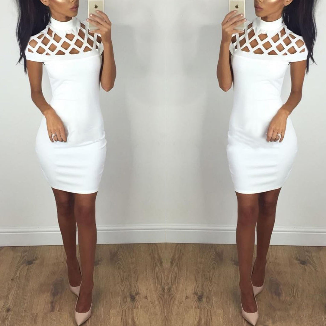 Ladies Figure-Hugging Mini Dress with Artistic Cut-Out Design and High Collar Lune London