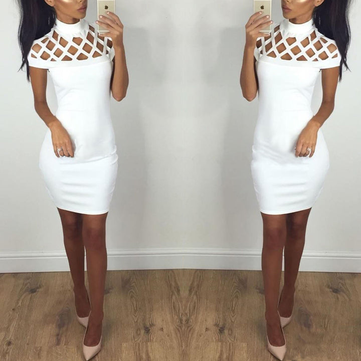 Ladies Figure-Hugging Mini Dress with Artistic Cut-Out Design and High Collar Lune London
