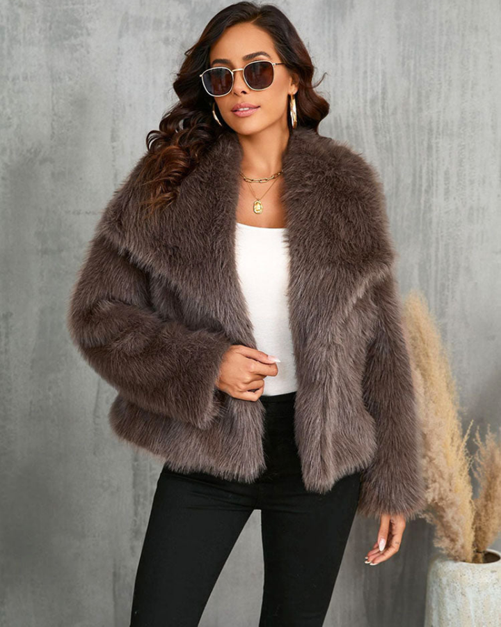 Women’s Faux Fur Jacket with Foldable Collar & Long Sleeves | Lune London