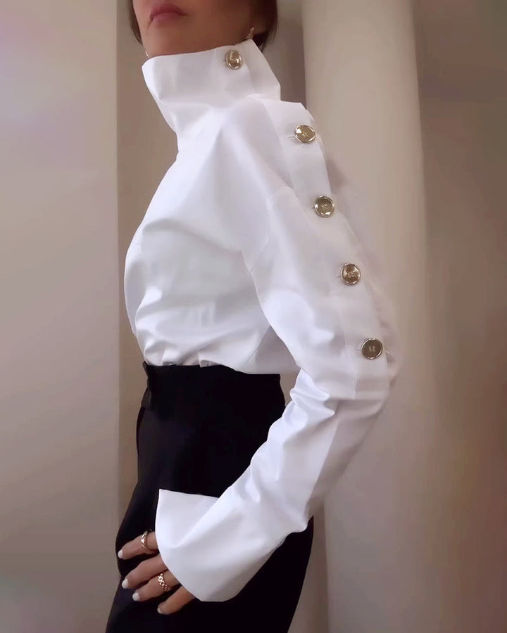 Women’s Cotton-Blend Blouse with Stand-Up Collar & Buckle Detail | Lune London