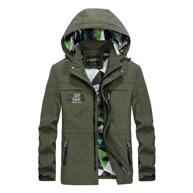 Versatile functional jacket for men with removable hood and multiple pockets Lune London