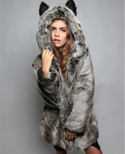 Ladies plush faux fur jacket with ears Lune London
