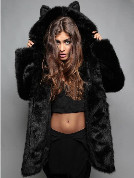 Ladies plush faux fur jacket with ears Lune London