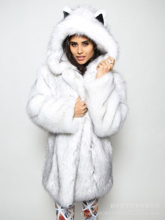 Ladies plush faux fur jacket with ears Lune London