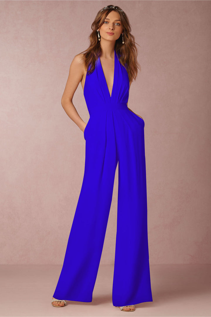 Ladies elegant jumpsuit with deep V-neckline and wide-leg silhouette Lune London