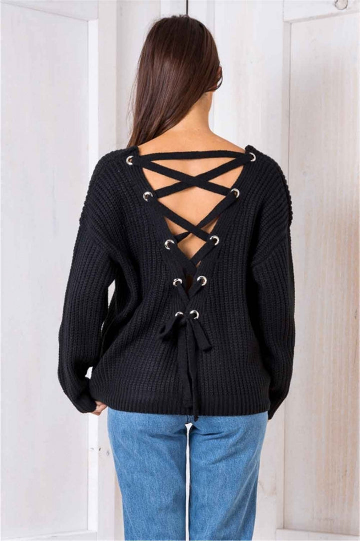 Knitted sweater for women with lace-up design on the sides and loose fit Lune London