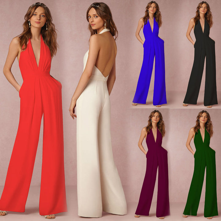 Ladies elegant jumpsuit with deep V-neckline and wide-leg silhouette Lune London