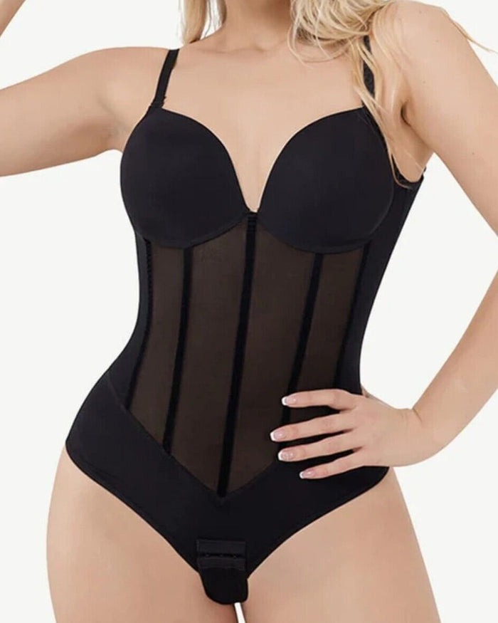 Lune London | Women's Belly Control Thong Sheer Mesh Corset Top Backless Bodysuit
