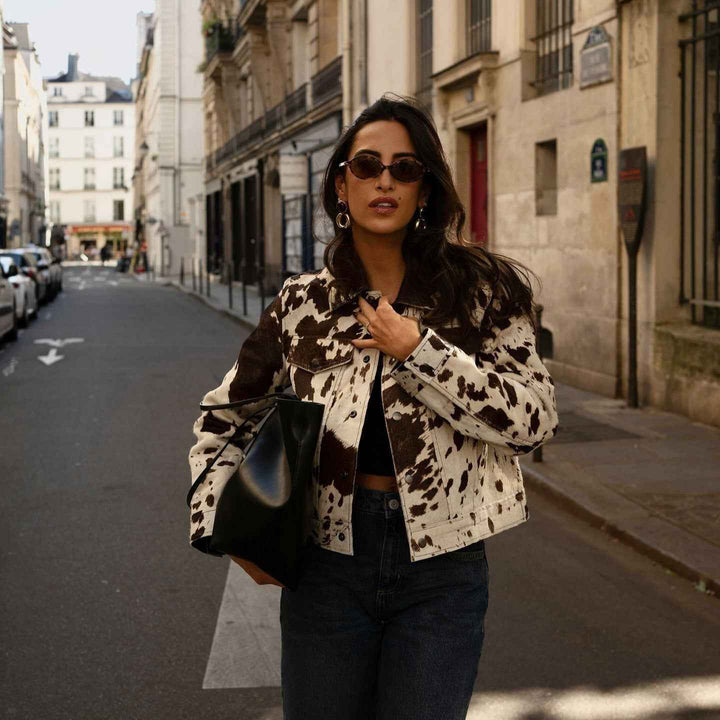 Lune London | Jacket with cow print, lapel collar and stylish snap buttons