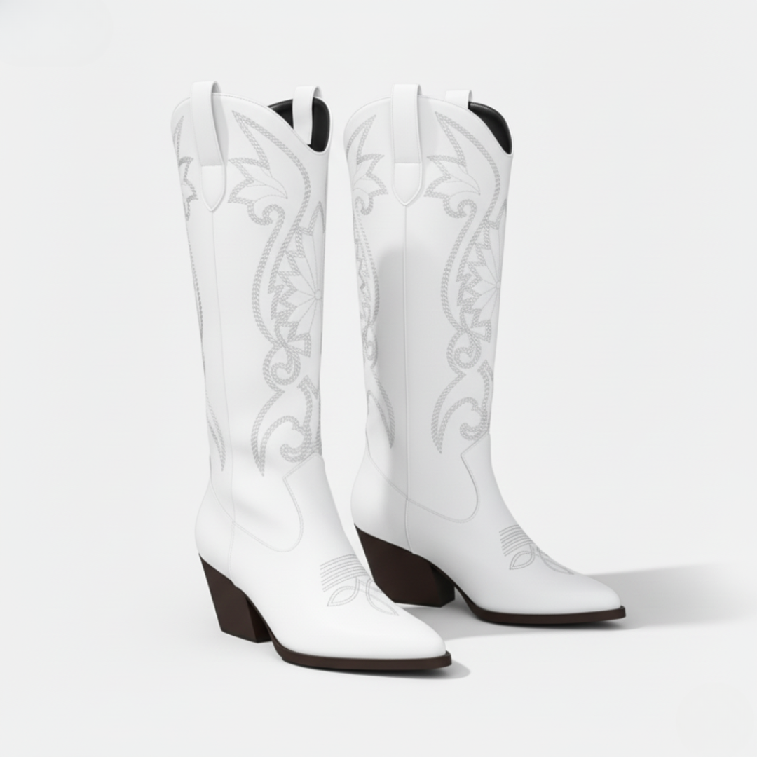 Lune London | Boots - Synthetic Leather - Knee Length - Embroidered Western - Block Heel