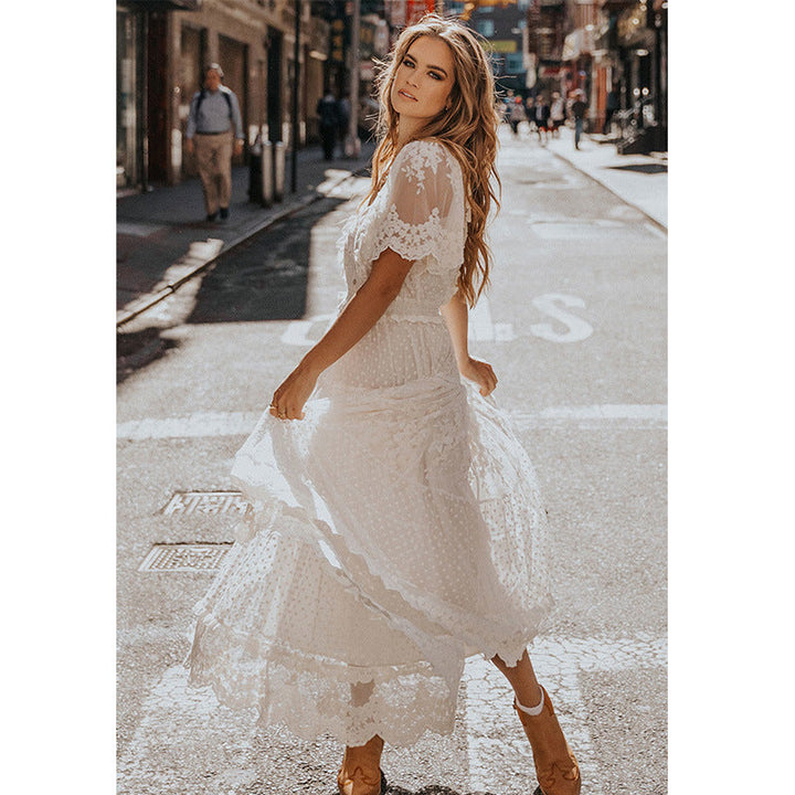 Lune London | Chiffon Lace Short Sleeve Boho V-Neck Maxi Dress