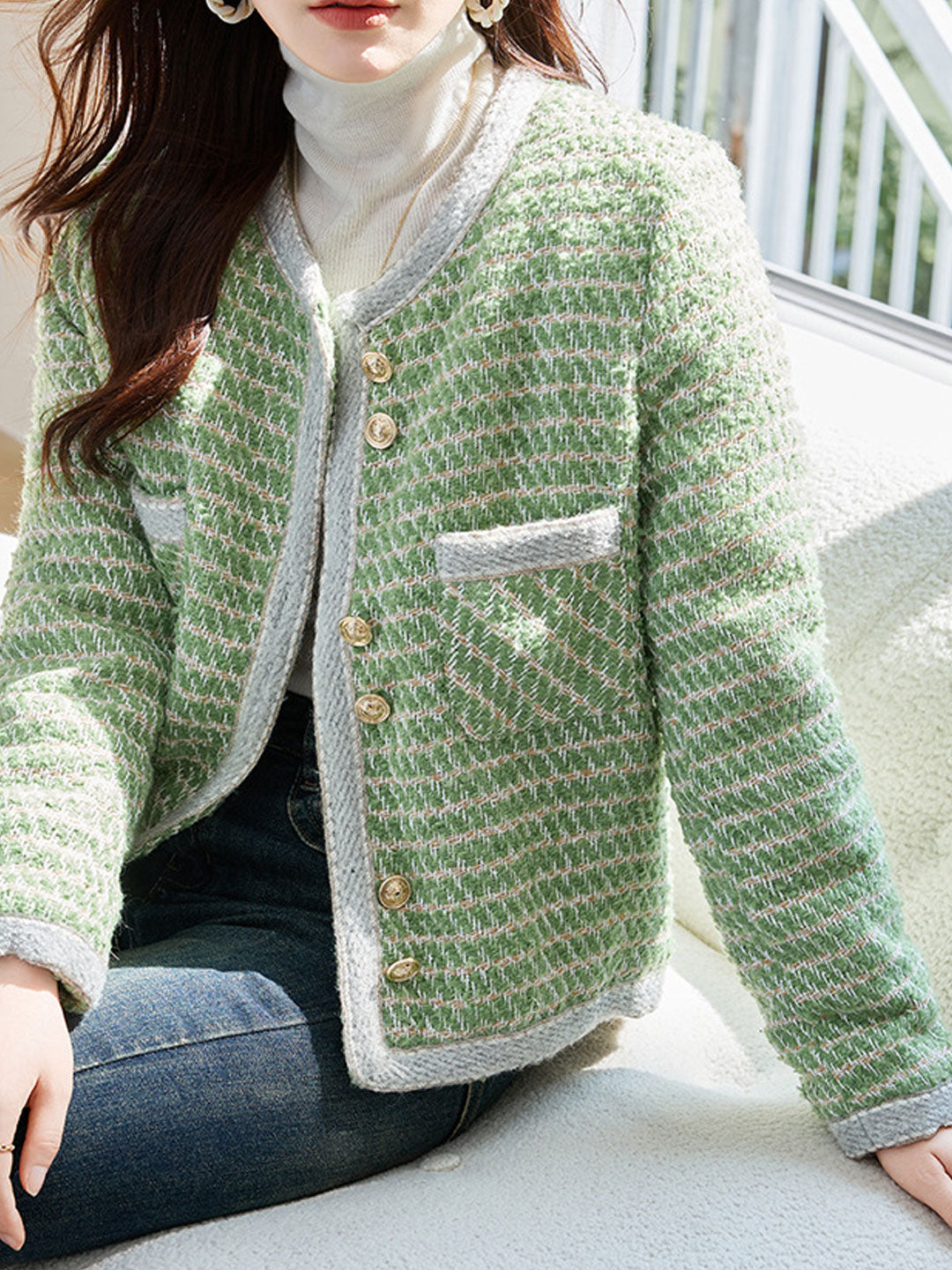 Lune London | Classic Crew Neck Yarn Button Tweed Jacket