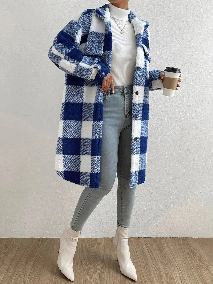 Lune London | Coat - Oversized Fit - Soft Teddy Texture - Checked Mid-Length Design