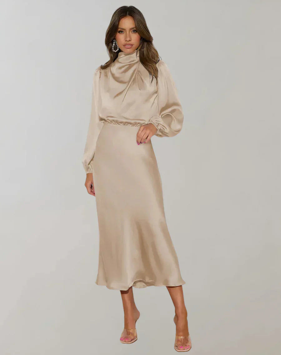 Lune London | Classic Satin Dress with High Collar and Long Sleeves for Women