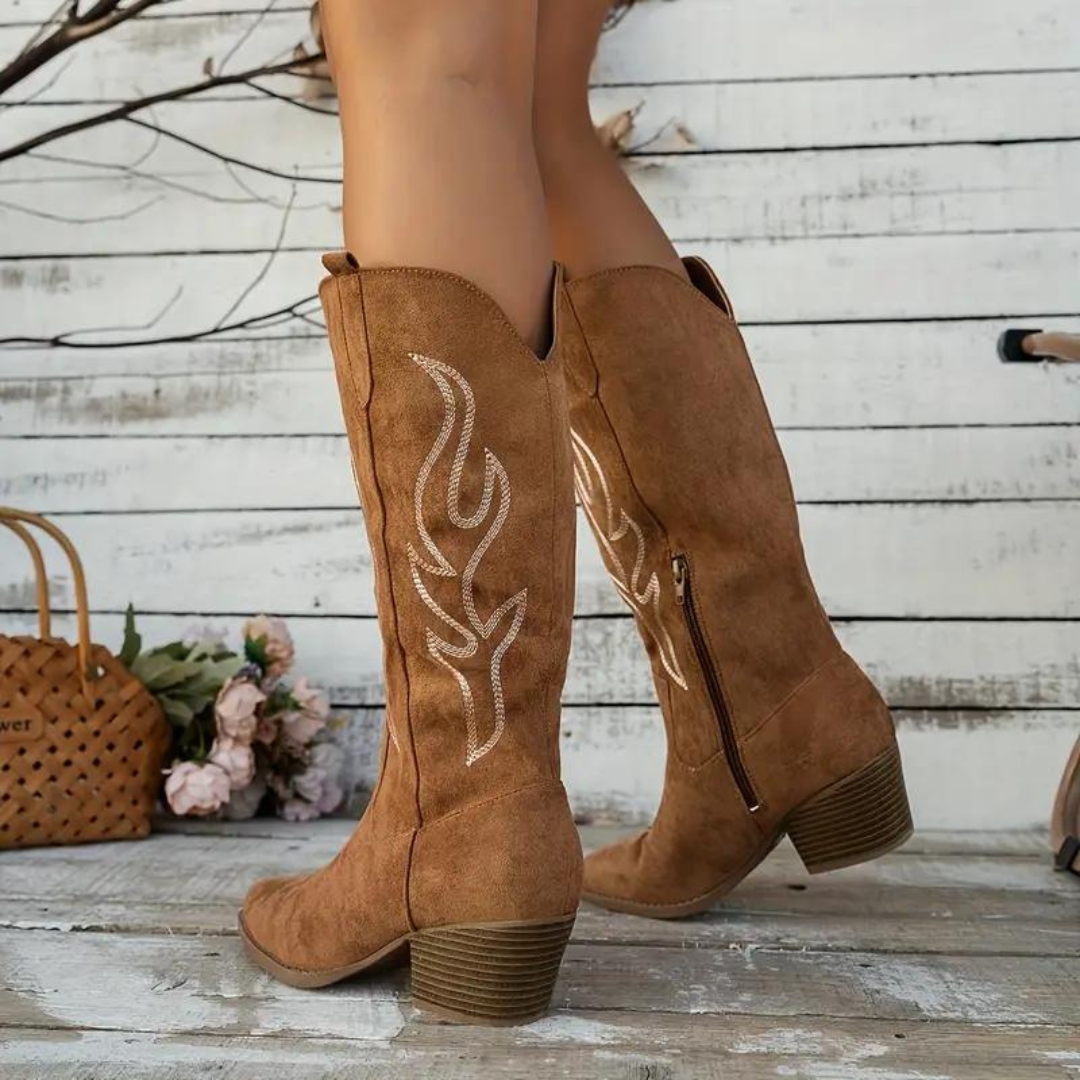 Lune London | Cowboy Boots Retro Chunky Heel Pointed Boots with Stylish Side Zipper