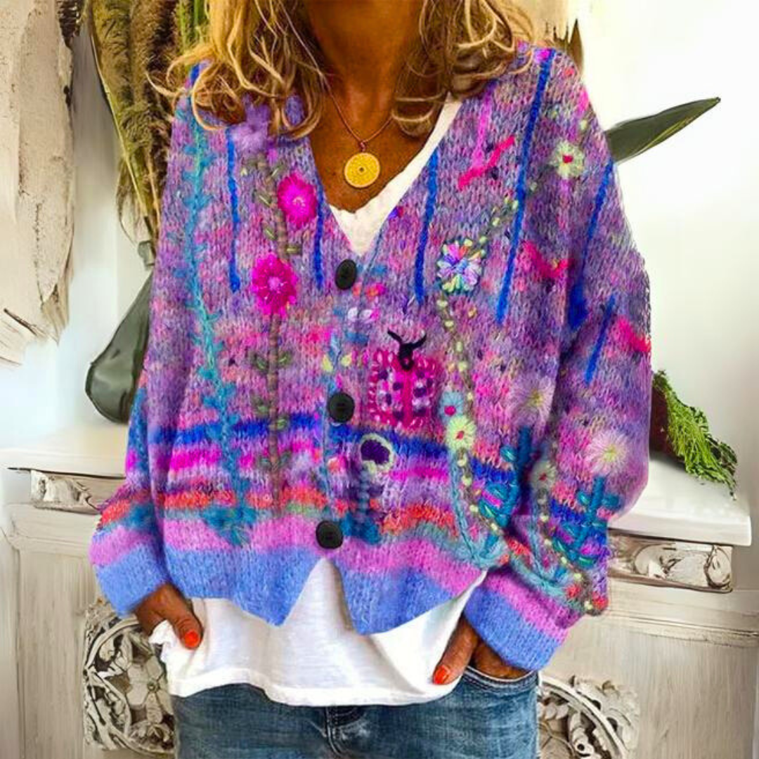 Lune London | Boho style knit jacket with floral accents - Comfortable and trendy cardigan for leisure and everyday use
