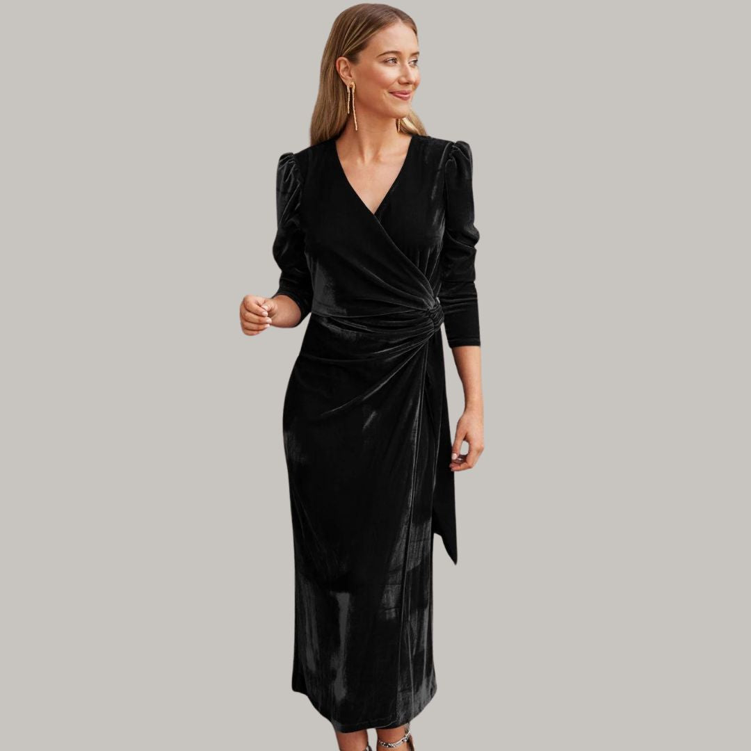 Lune London | Midi wrap dress in velvet with puff sleeves
