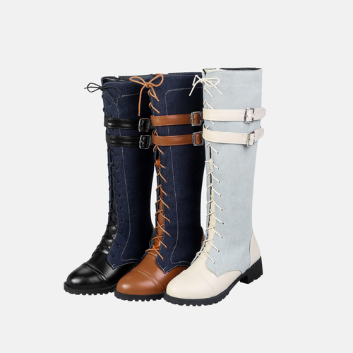 Lune London | Knee socks - Faux leather - Lacing in front - Buckle strap - Low block heel