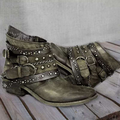 Lune London | Women's Worn Leather Ankle Boots, Multiple Straps with Buckles, Western Style