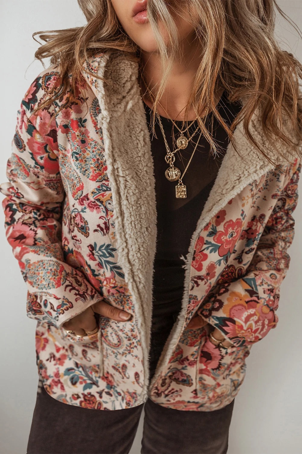 Lune London | Vintage Paisley Flower Printed Sherpa Lined Hoodie
