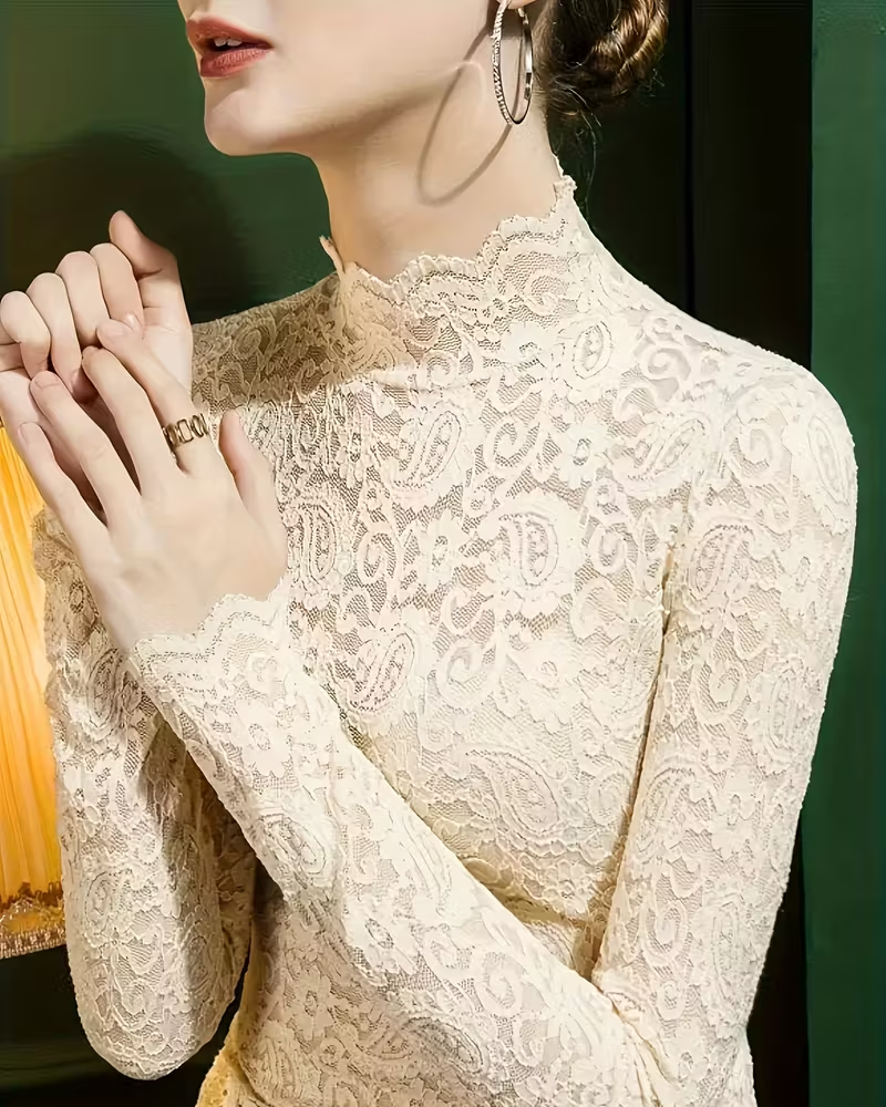 Lune London | Elegant Solid Color Half Neck Long Sleeve Lace