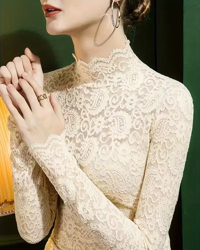 Lune London | Elegant Solid Color Half Neck Long Sleeve Lace