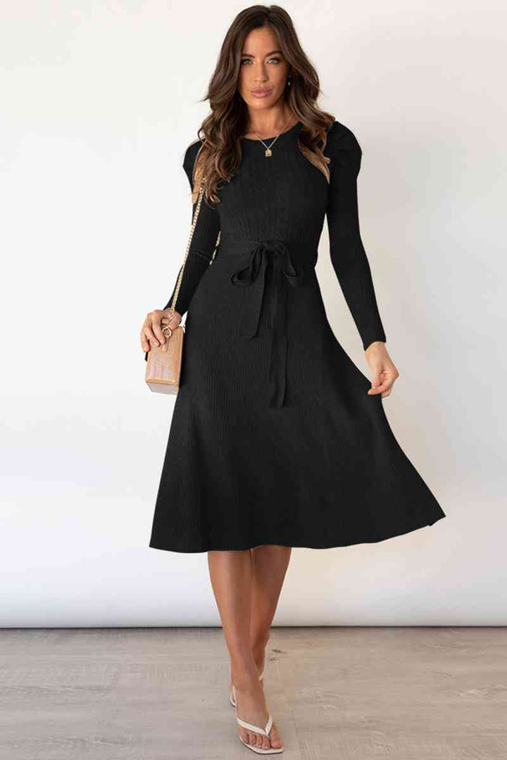 Lune London | Round Neck Long Sleeve Knot Waist Sweater Dress