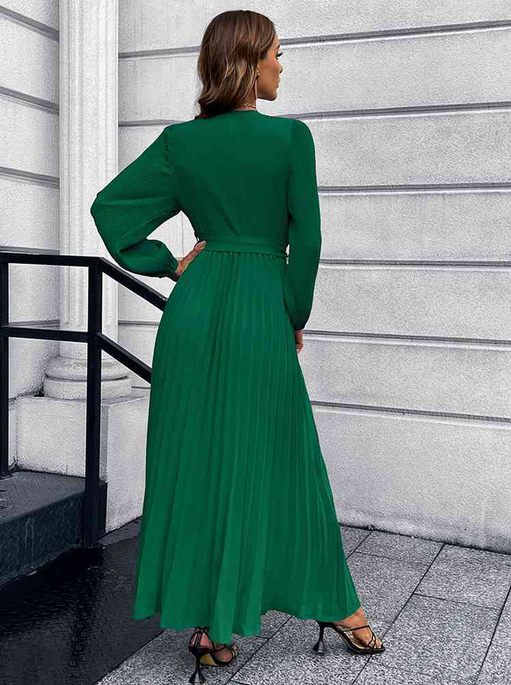 Lune London | V-neck Tie Belt Pleated Maxi Dress