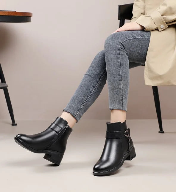 Lune London | Women's Genuine Leather Metal Buckle Velvet Boots