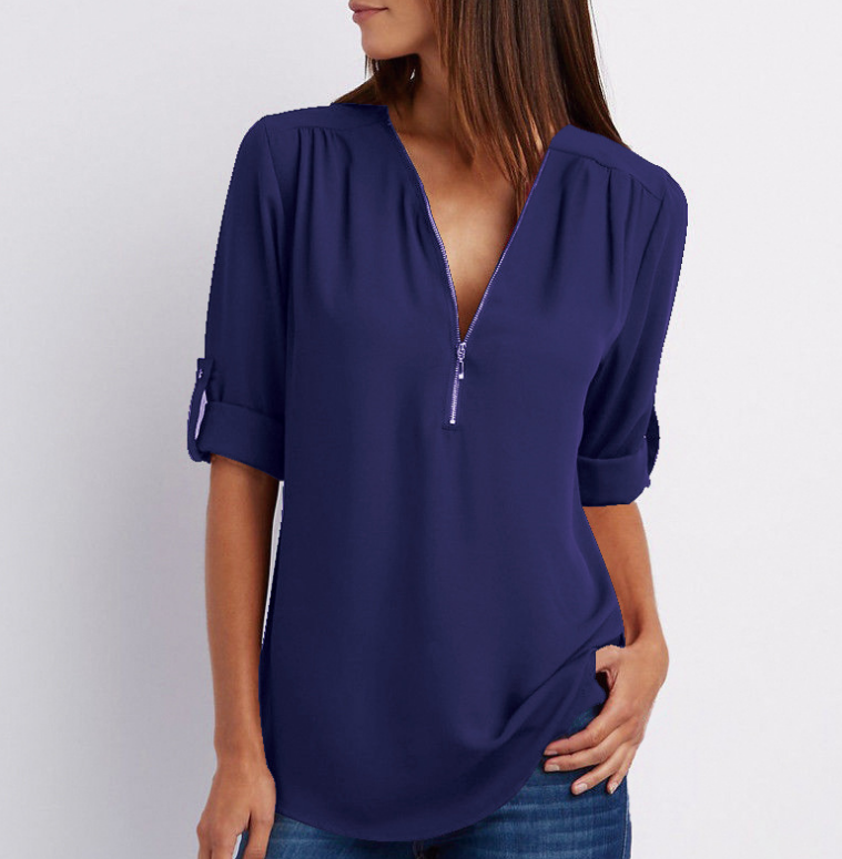Lune London | Short sleeve shirt with zipper and V-neck - Loose tops