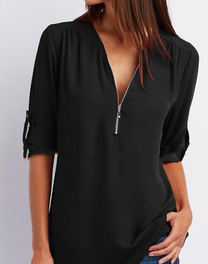Lune London | Short sleeve shirt with zipper and V-neck - Loose tops